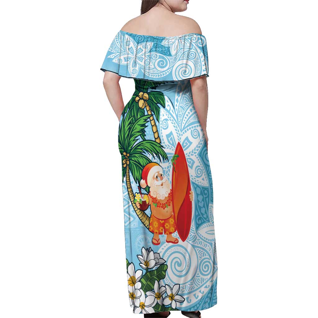 Polynesian Family Matching Off Shoulder Maxi Dress and Hawaiian Shirt Tropical Santa - Plumeria Turquoise Vintage LT7 - Polynesian Pride