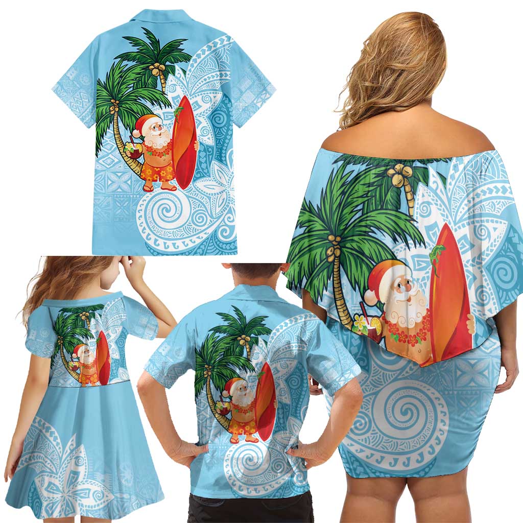 Polynesian Family Matching Off Shoulder Short Dress and Hawaiian Shirt Tropical Santa - Plumeria Turquoise Vintage LT7 - Polynesian Pride