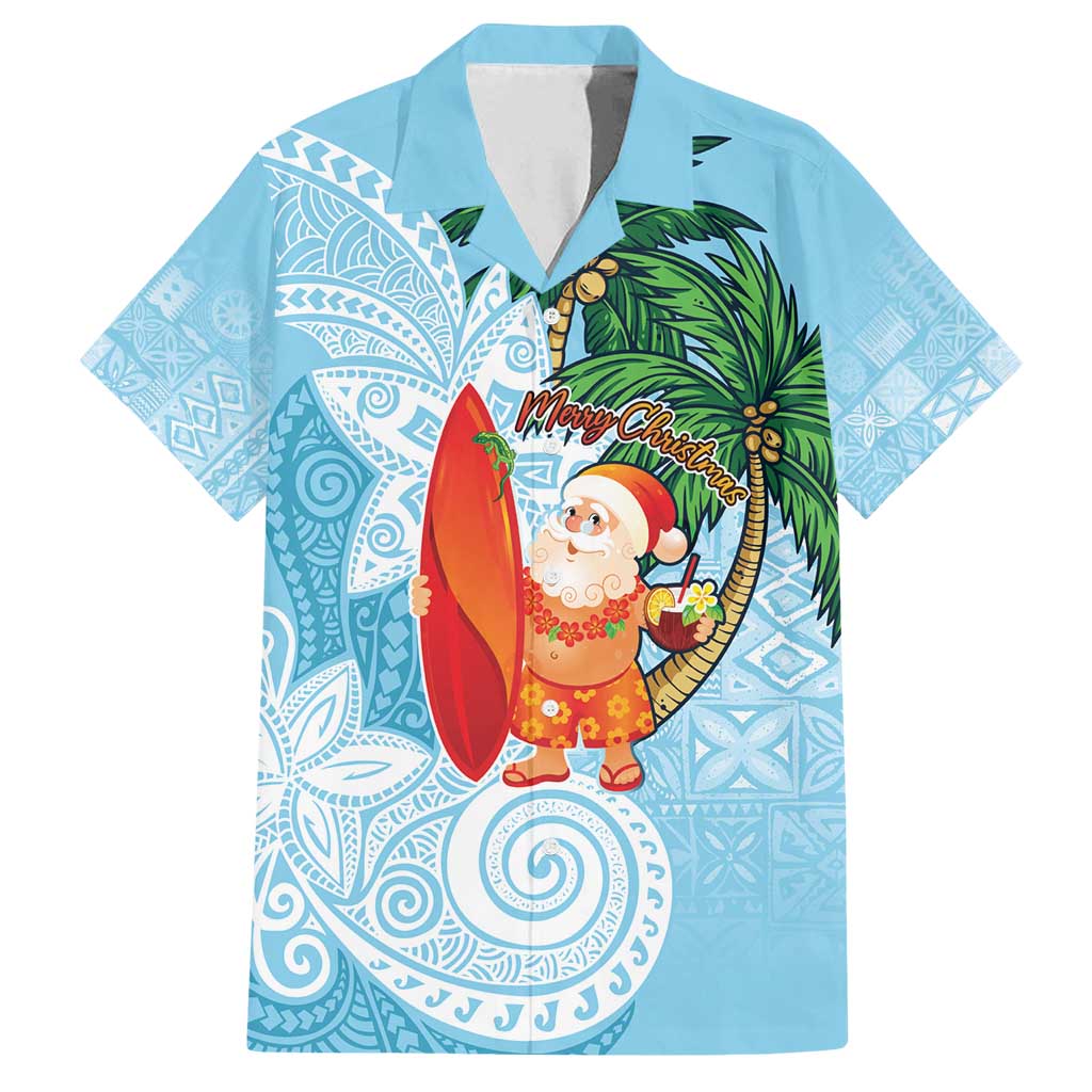 Polynesian Family Matching Off Shoulder Short Dress and Hawaiian Shirt Tropical Santa - Plumeria Turquoise Vintage LT7 Dad's Shirt - Short Sleeve Turquoise - Polynesian Pride