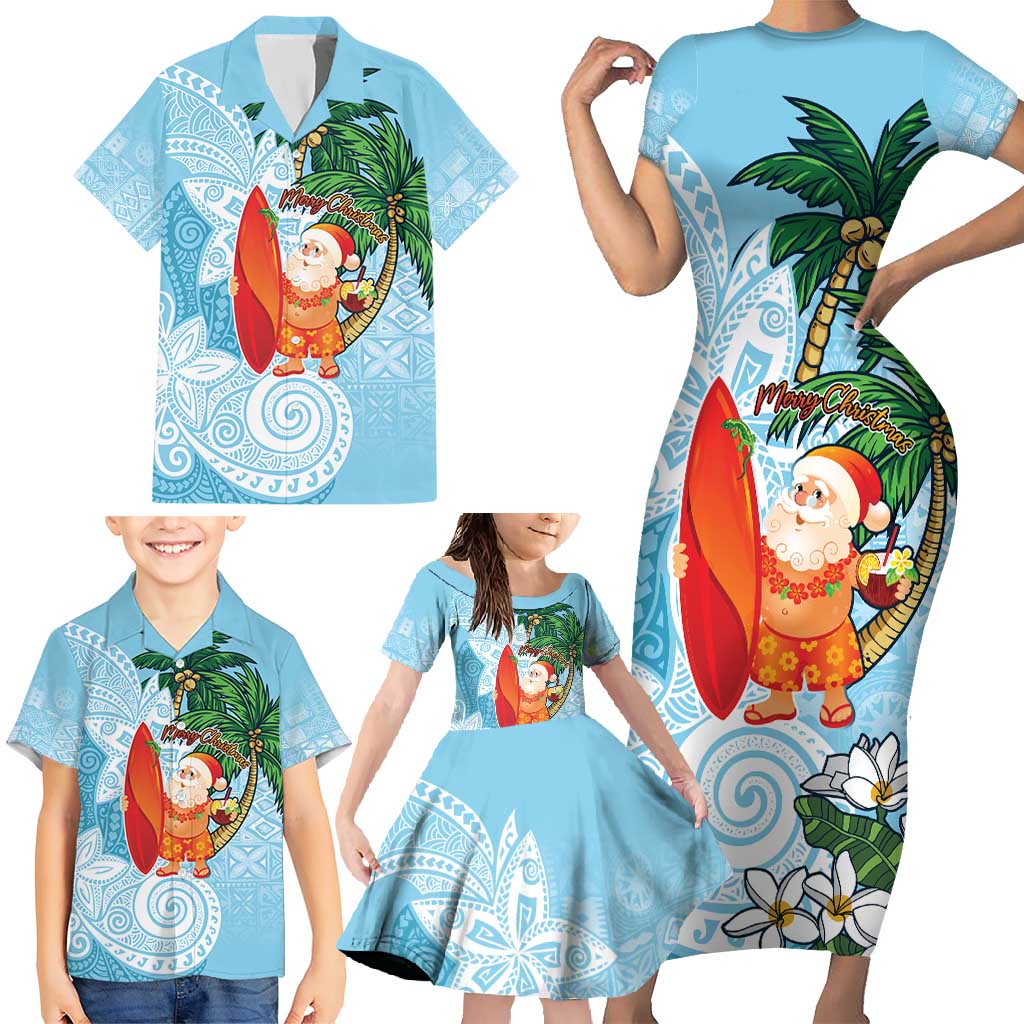 Polynesian Family Matching Short Sleeve Bodycon Dress and Hawaiian Shirt Tropical Santa - Plumeria Turquoise Vintage LT7 - Polynesian Pride
