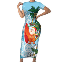 Polynesian Family Matching Short Sleeve Bodycon Dress and Hawaiian Shirt Tropical Santa - Plumeria Turquoise Vintage LT7 Mom's Dress Turquoise - Polynesian Pride