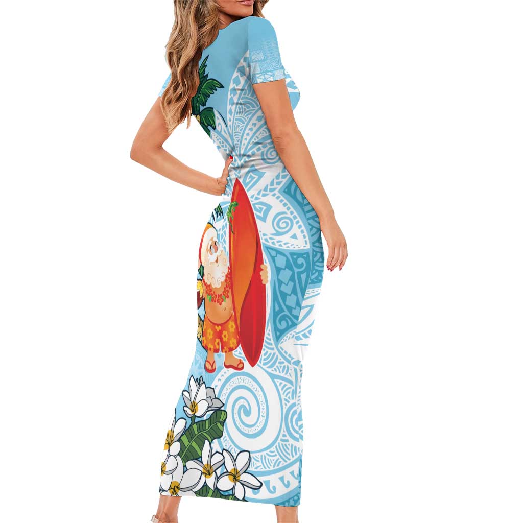 Polynesian Family Matching Short Sleeve Bodycon Dress and Hawaiian Shirt Tropical Santa - Plumeria Turquoise Vintage LT7 - Polynesian Pride