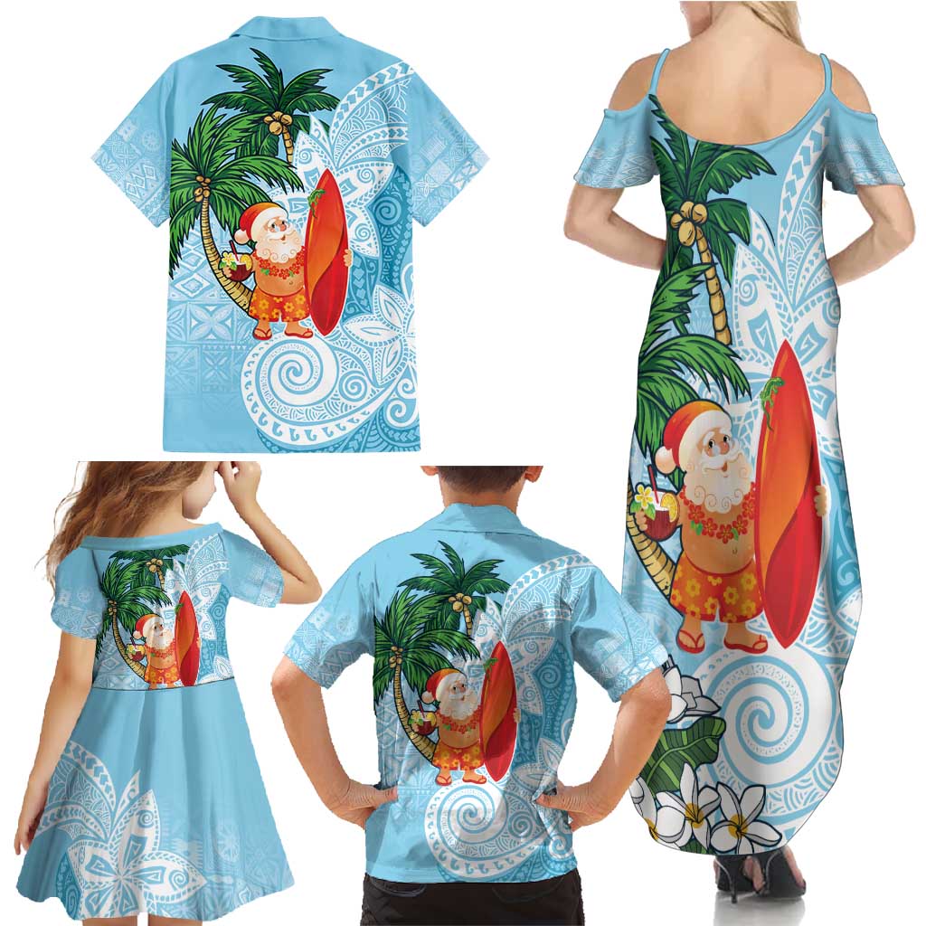 Polynesian Family Matching Summer Maxi Dress and Hawaiian Shirt Tropical Santa - Plumeria Turquoise Vintage LT7 - Polynesian Pride