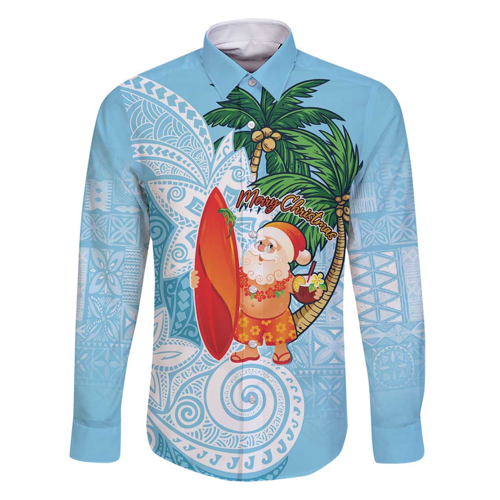 Polynesian Family Matching Summer Maxi Dress and Hawaiian Shirt Tropical Santa - Plumeria Turquoise Vintage LT7 Dad's Shirt - Long Sleeve Turquoise - Polynesian Pride