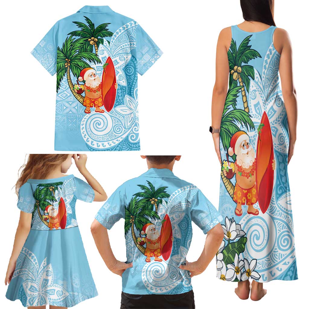 Polynesian Family Matching Tank Maxi Dress and Hawaiian Shirt Tropical Santa - Plumeria Turquoise Vintage LT7 - Polynesian Pride
