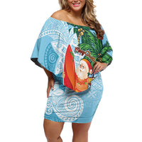 Polynesian Off Shoulder Short Dress Tropical Santa - Plumeria Turquoise Vintage LT7 Women Turquoise - Polynesian Pride