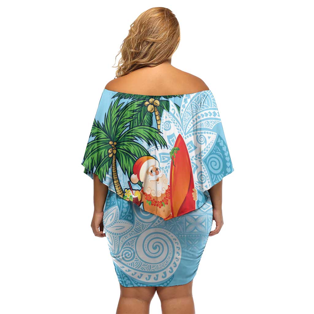 Polynesian Off Shoulder Short Dress Tropical Santa - Plumeria Turquoise Vintage LT7 - Polynesian Pride