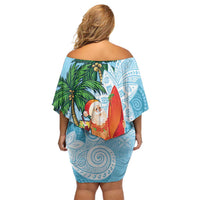 Polynesian Off Shoulder Short Dress Tropical Santa - Plumeria Turquoise Vintage LT7 - Polynesian Pride