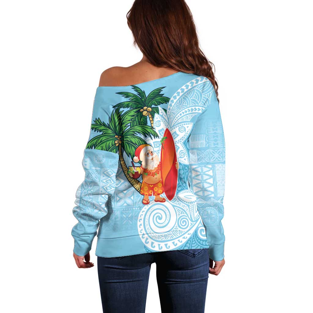 Polynesian Off Shoulder Sweater Tropical Santa - Plumeria Turquoise Vintage