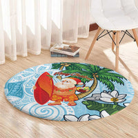 Polynesian Round Carpet Tropical Santa - Plumeria Turquoise Vintage