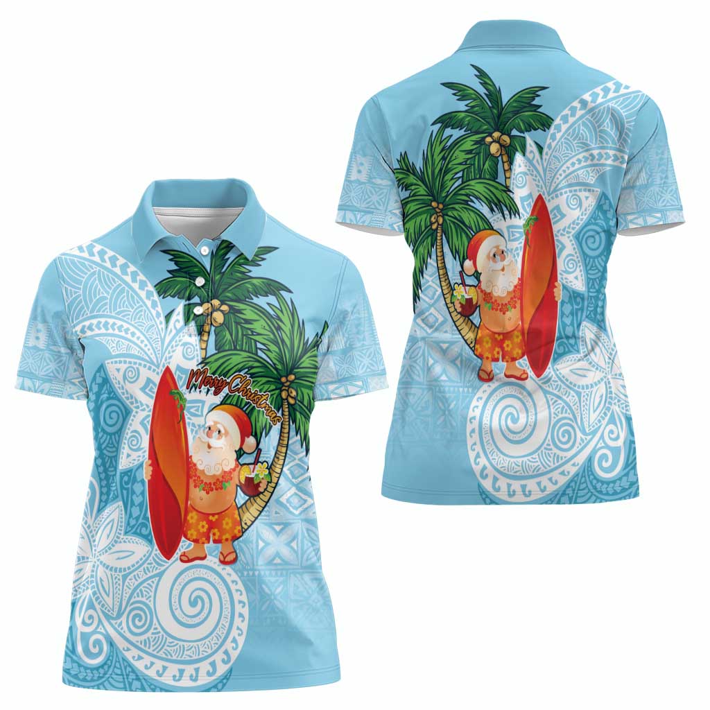 Polynesian Women Polo Shirt Tropical Santa - Plumeria Turquoise Vintage