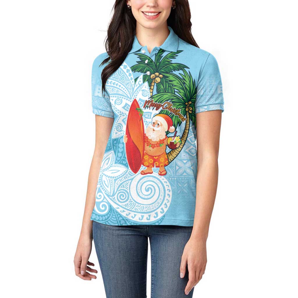 Polynesian Women Polo Shirt Tropical Santa - Plumeria Turquoise Vintage