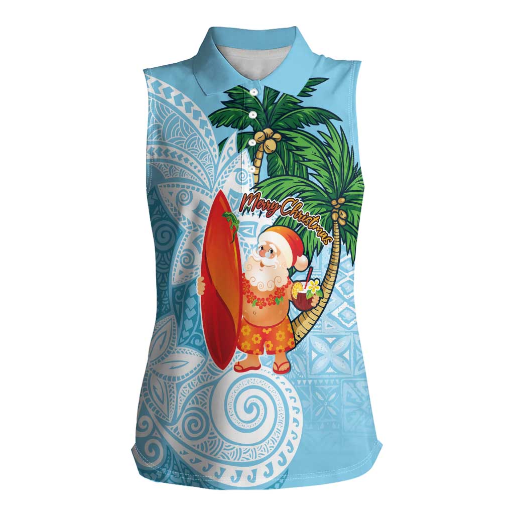 Polynesian Women Sleeveless Polo Shirt Tropical Santa - Plumeria Turquoise Vintage LT7 Female Turquoise - Polynesian Pride