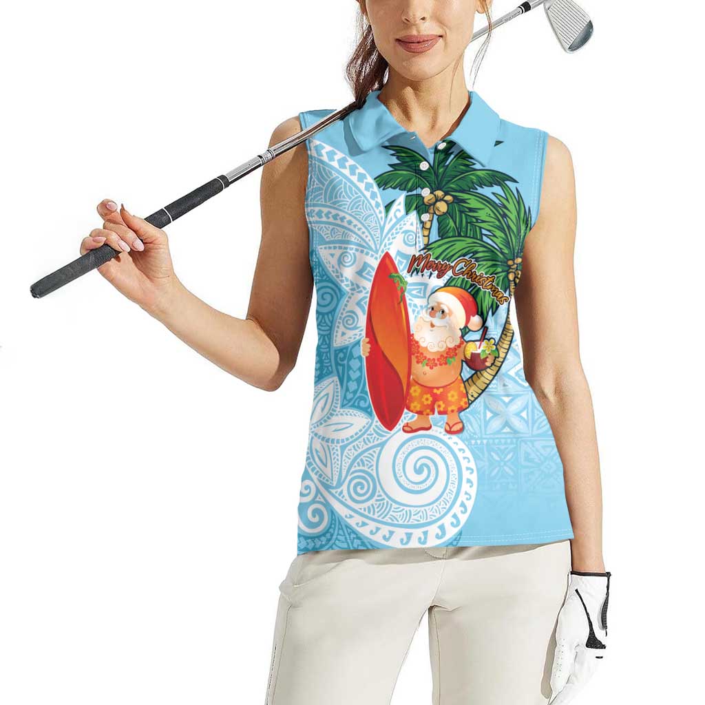 Polynesian Women Sleeveless Polo Shirt Tropical Santa - Plumeria Turquoise Vintage LT7 - Polynesian Pride