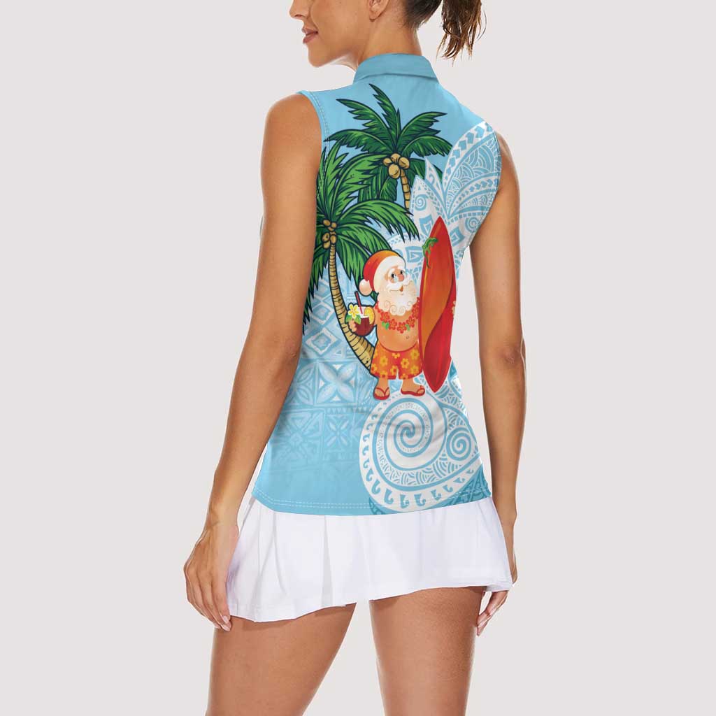Polynesian Women Sleeveless Polo Shirt Tropical Santa - Plumeria Turquoise Vintage LT7 - Polynesian Pride