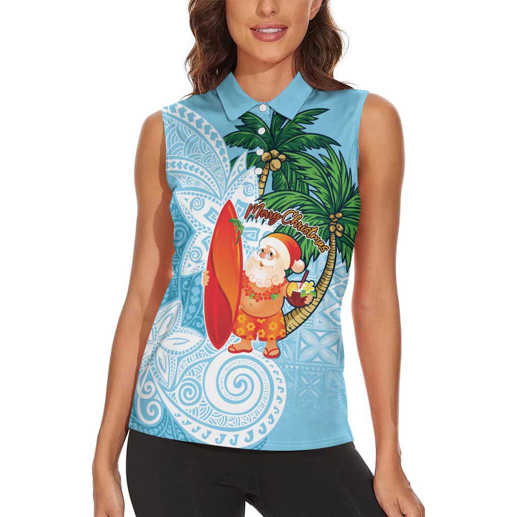 Polynesian Women Sleeveless Polo Shirt Tropical Santa - Plumeria Turquoise Vintage LT7 - Polynesian Pride