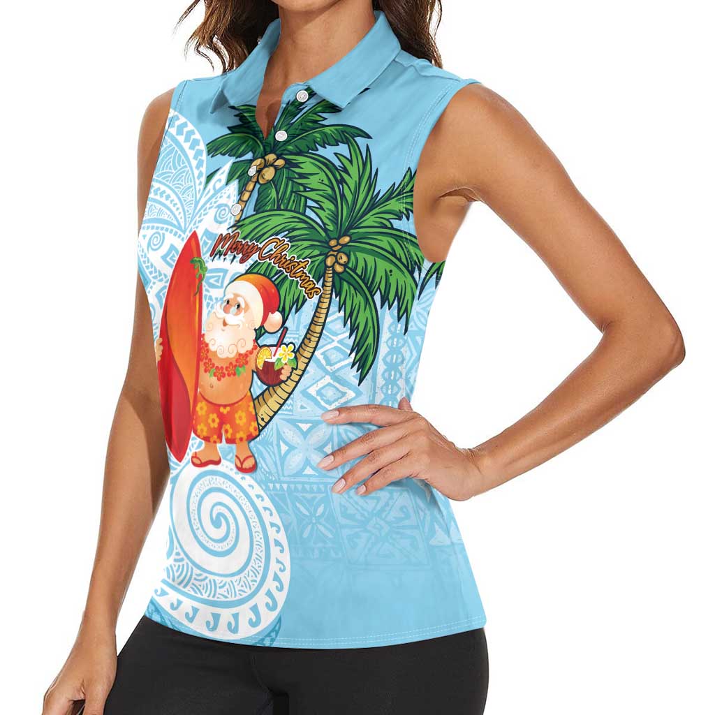 Polynesian Women Sleeveless Polo Shirt Tropical Santa - Plumeria Turquoise Vintage LT7 - Polynesian Pride
