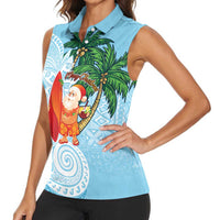 Polynesian Women Sleeveless Polo Shirt Tropical Santa - Plumeria Turquoise Vintage LT7 - Polynesian Pride