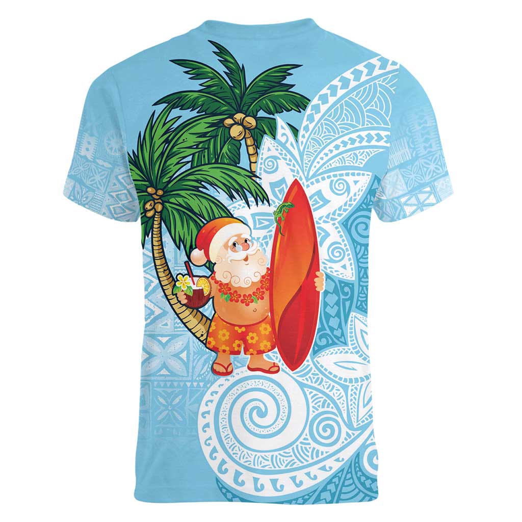 Polynesian Women V-Neck T-Shirt Tropical Santa - Plumeria Turquoise Vintage LT7 - Polynesian Pride