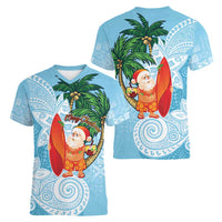 Polynesian Women V-Neck T-Shirt Tropical Santa - Plumeria Turquoise Vintage LT7 - Polynesian Pride