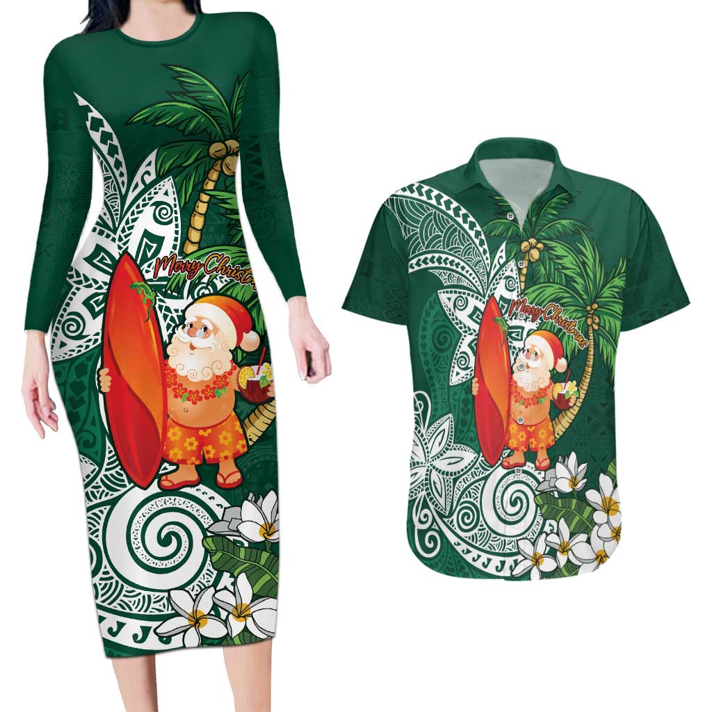 Polynesian Couples Matching Long Sleeve Bodycon Dress and Hawaiian Shirt Tropical Santa - Plumeria Green Vintage LT7 Green - Polynesian Pride