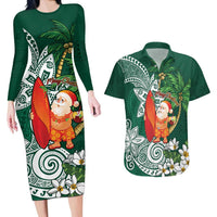 Polynesian Couples Matching Long Sleeve Bodycon Dress and Hawaiian Shirt Tropical Santa - Plumeria Green Vintage LT7 Green - Polynesian Pride