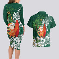 Polynesian Couples Matching Long Sleeve Bodycon Dress and Hawaiian Shirt Tropical Santa - Plumeria Green Vintage LT7 - Polynesian Pride