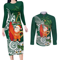 Polynesian Couples Matching Long Sleeve Bodycon Dress and Long Sleeve Button Shirt Tropical Santa - Plumeria Green Vintage LT7 Green - Polynesian Pride