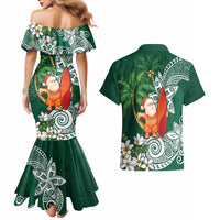 Polynesian Couples Matching Mermaid Dress and Hawaiian Shirt Tropical Santa - Plumeria Green Vintage LT7 - Polynesian Pride