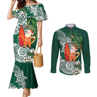 Polynesian Couples Matching Mermaid Dress and Long Sleeve Button Shirt Tropical Santa - Plumeria Green Vintage LT7 Green - Polynesian Pride