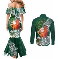 Polynesian Couples Matching Mermaid Dress and Long Sleeve Button Shirt Tropical Santa - Plumeria Green Vintage LT7 - Polynesian Pride
