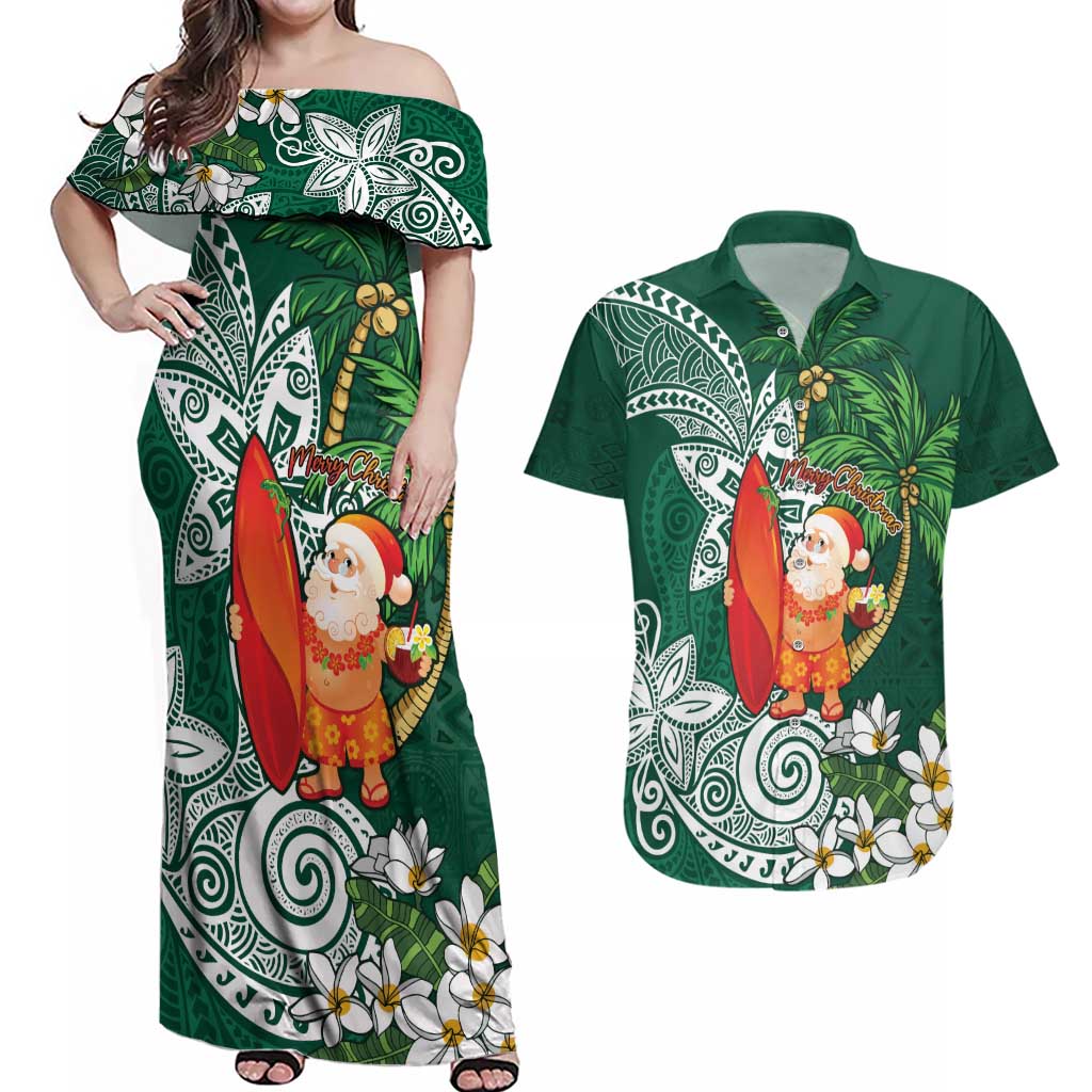 Polynesian Couples Matching Off Shoulder Maxi Dress and Hawaiian Shirt Tropical Santa - Plumeria Green Vintage LT7 Green - Polynesian Pride
