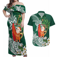 Polynesian Couples Matching Off Shoulder Maxi Dress and Hawaiian Shirt Tropical Santa - Plumeria Green Vintage LT7 Green - Polynesian Pride