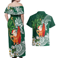 Polynesian Couples Matching Off Shoulder Maxi Dress and Hawaiian Shirt Tropical Santa - Plumeria Green Vintage LT7 - Polynesian Pride