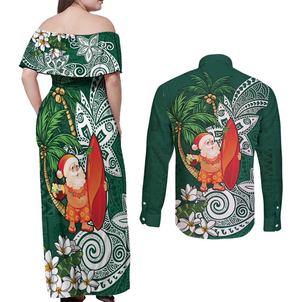 Polynesian Couples Matching Off Shoulder Maxi Dress and Long Sleeve Button Shirt Tropical Santa - Plumeria Green Vintage LT7 - Polynesian Pride