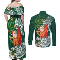 Polynesian Couples Matching Off Shoulder Maxi Dress and Long Sleeve Button Shirt Tropical Santa - Plumeria Green Vintage LT7 - Polynesian Pride
