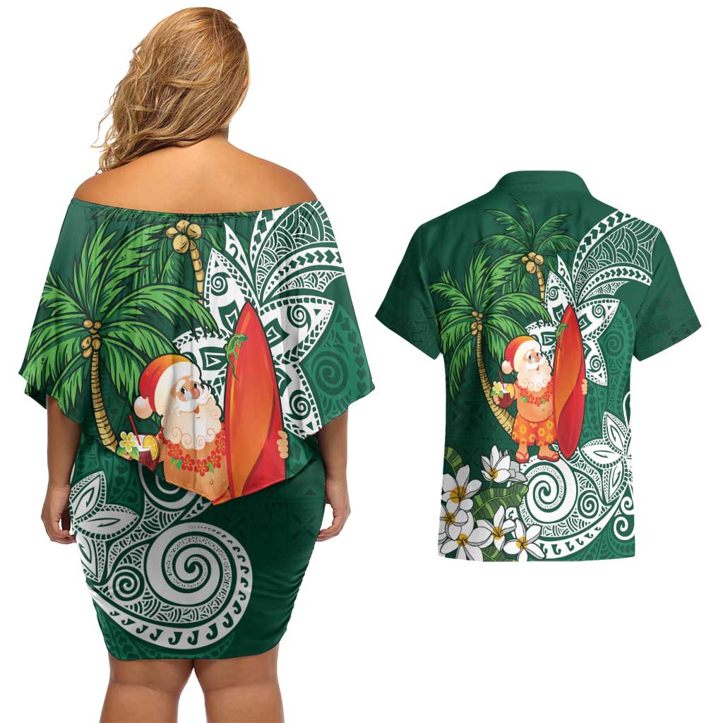 Polynesian Couples Matching Off Shoulder Short Dress and Hawaiian Shirt Tropical Santa - Plumeria Green Vintage LT7 - Polynesian Pride