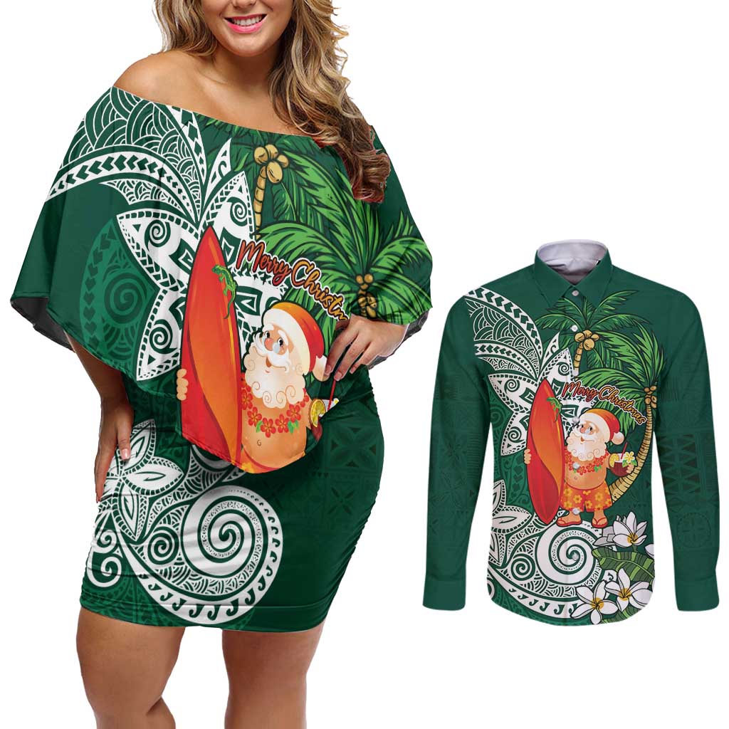 Polynesian Couples Matching Off Shoulder Short Dress and Long Sleeve Button Shirt Tropical Santa - Plumeria Green Vintage LT7 Green - Polynesian Pride
