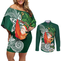 Polynesian Couples Matching Off Shoulder Short Dress and Long Sleeve Button Shirt Tropical Santa - Plumeria Green Vintage LT7 Green - Polynesian Pride