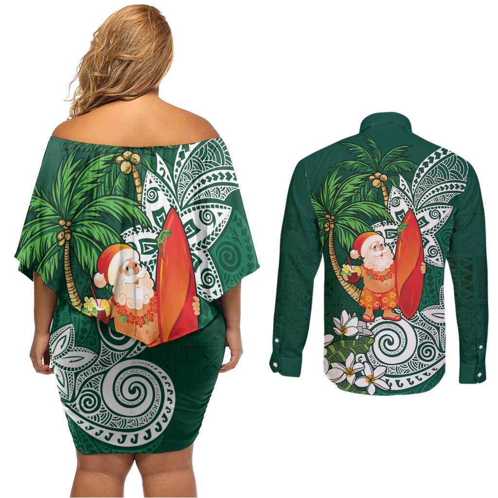 Polynesian Couples Matching Off Shoulder Short Dress and Long Sleeve Button Shirt Tropical Santa - Plumeria Green Vintage LT7 - Polynesian Pride