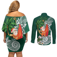 Polynesian Couples Matching Off Shoulder Short Dress and Long Sleeve Button Shirt Tropical Santa - Plumeria Green Vintage LT7 - Polynesian Pride