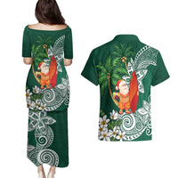 Polynesian Couples Matching Puletasi and Hawaiian Shirt Tropical Santa - Plumeria Green Vintage LT7 - Polynesian Pride