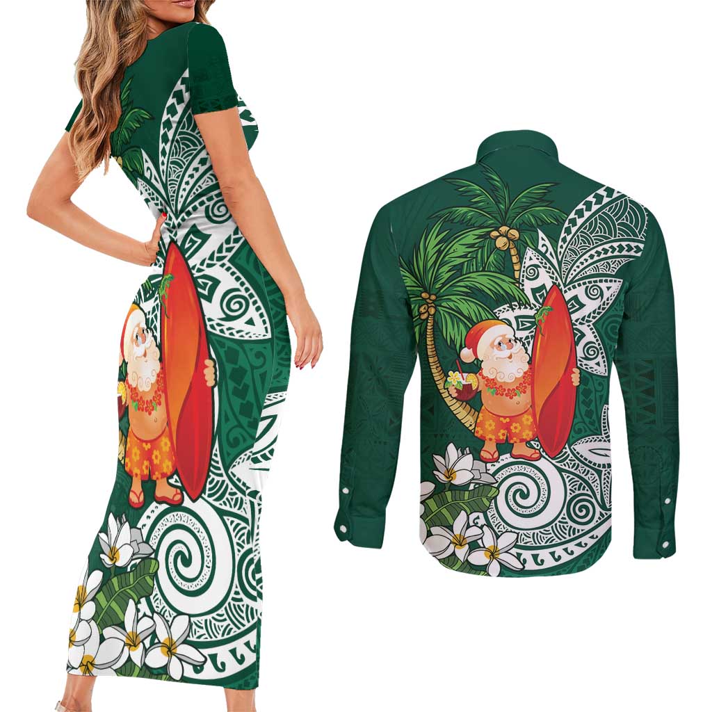 Polynesian Couples Matching Short Sleeve Bodycon Dress and Long Sleeve Button Shirt Tropical Santa - Plumeria Green Vintage LT7 - Polynesian Pride