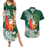 Polynesian Couples Matching Summer Maxi Dress and Hawaiian Shirt Tropical Santa - Plumeria Green Vintage LT7 Green - Polynesian Pride