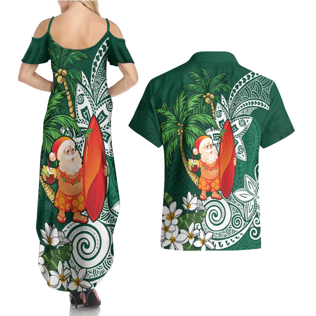 Polynesian Couples Matching Summer Maxi Dress and Hawaiian Shirt Tropical Santa - Plumeria Green Vintage LT7 - Polynesian Pride