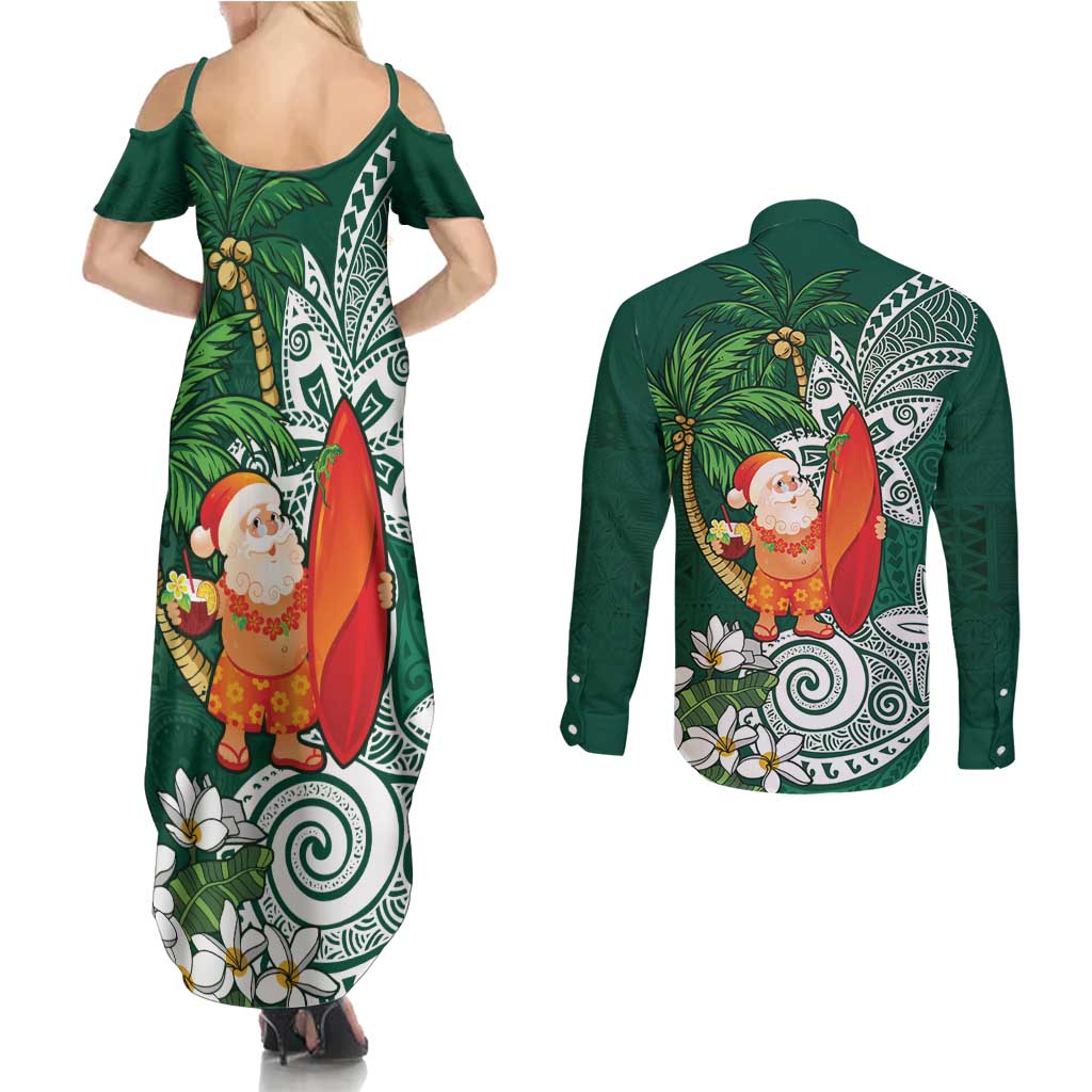 Polynesian Couples Matching Summer Maxi Dress and Long Sleeve Button Shirt Tropical Santa - Plumeria Green Vintage LT7 - Polynesian Pride