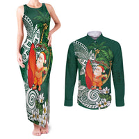 Polynesian Couples Matching Tank Maxi Dress and Long Sleeve Button Shirt Tropical Santa - Plumeria Green Vintage LT7 Green - Polynesian Pride