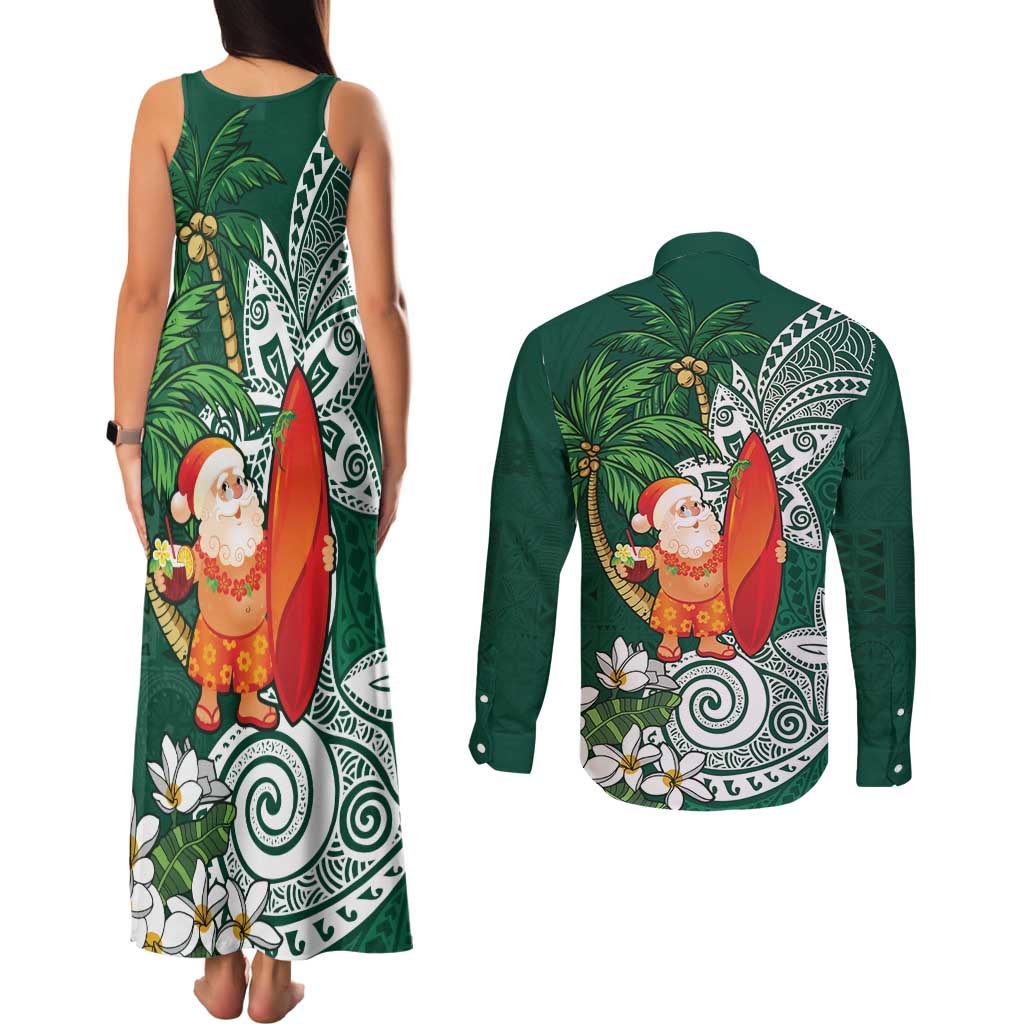 Polynesian Couples Matching Tank Maxi Dress and Long Sleeve Button Shirt Tropical Santa - Plumeria Green Vintage LT7 - Polynesian Pride