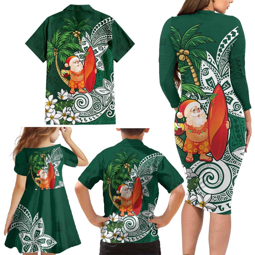 Polynesian Family Matching Long Sleeve Bodycon Dress and Hawaiian Shirt Tropical Santa - Plumeria Green Vintage LT7 - Polynesian Pride