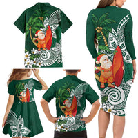 Polynesian Family Matching Long Sleeve Bodycon Dress and Hawaiian Shirt Tropical Santa - Plumeria Green Vintage LT7 - Polynesian Pride